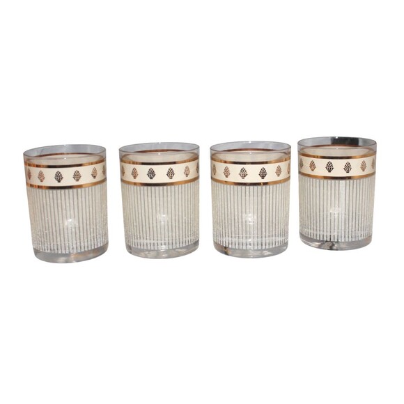 Set Of 4 Georges Briard MCM Icicles Gold Low Ball  Old Fashion Glass Set - Picture 3 of 4